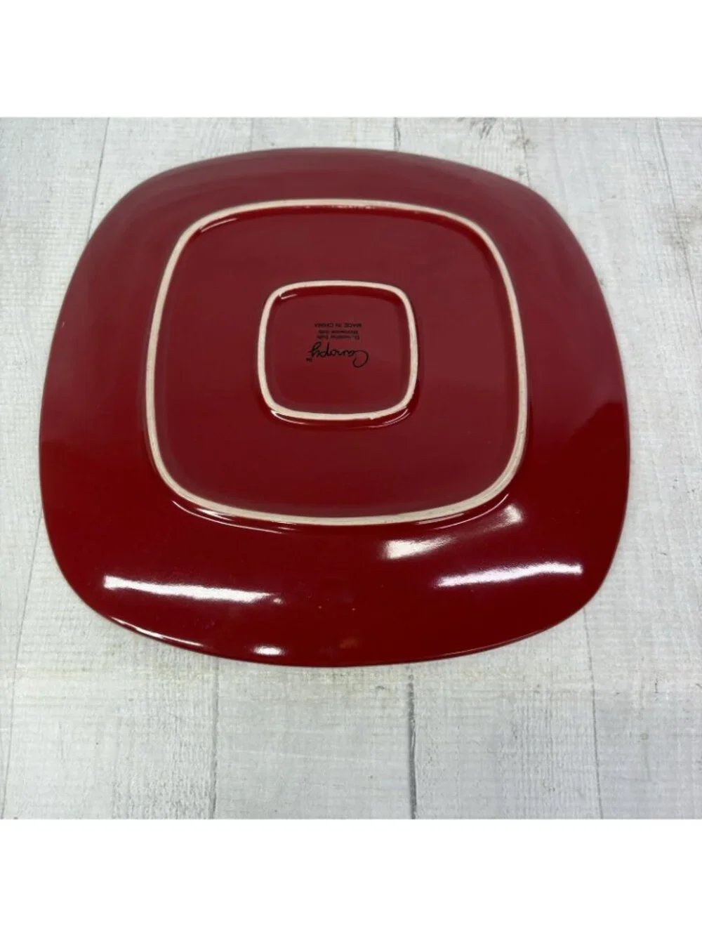 Home Trends CANOPY RED Cranberry Embossed Square Porcelain Dinner Plates Set 4